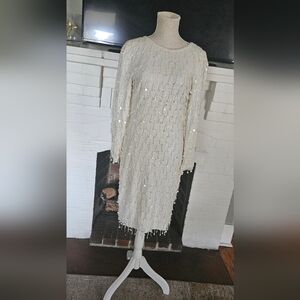 Vintage elegant cocktail dress  hand beaded beads  sequins fringe.